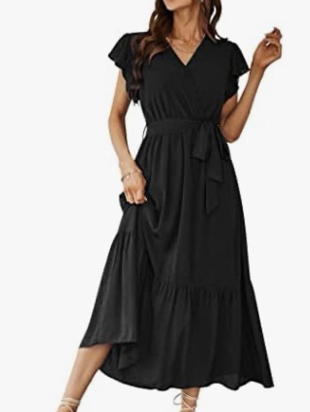 Pretty Garden XXL Long Black Dress Ruffle V-Neck Lined Belted New NWT